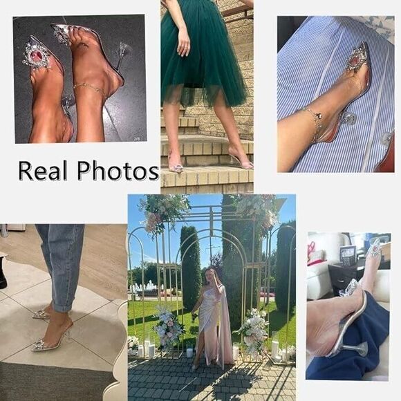 Womens Clear Heeled Sandals Pointed Toe Crystal Rhinestones Sparkly High 5.5 - Picture 6 of 6